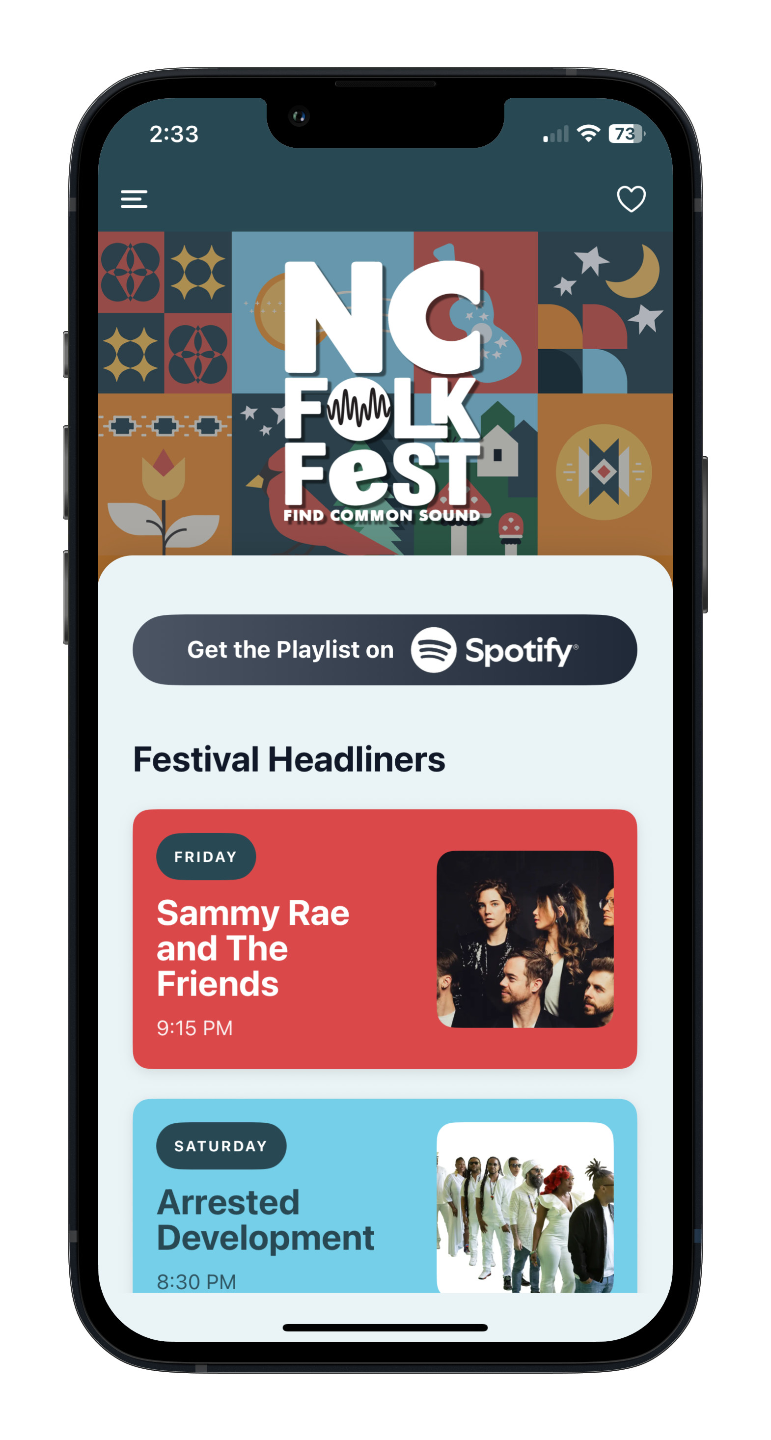 NC Folk Festival app home screen